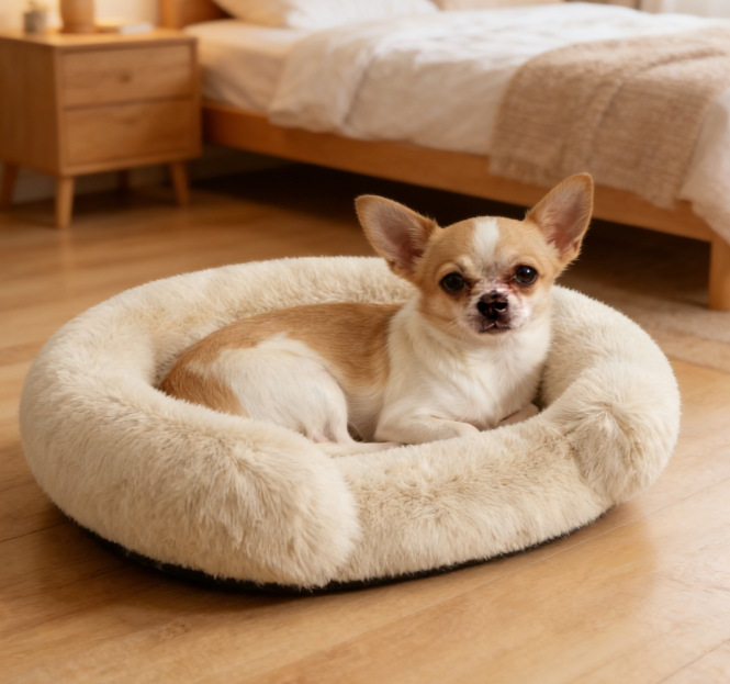 Round Pet Bed - Fluffy, Washable Round Cat and Dog Bed