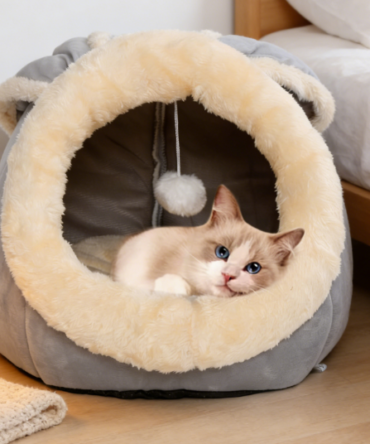 Rabbit-Shaped Insulated Plush Pet Bed - Self-Heating Cave Cat Bed with Toy