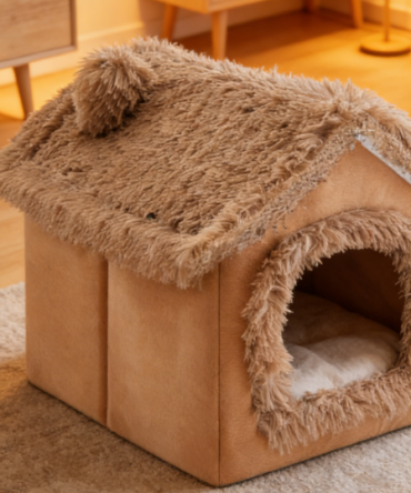 Semi-Enclosed Insulated Plush Pet Bed - Removable Cushion Warm Pet Bed