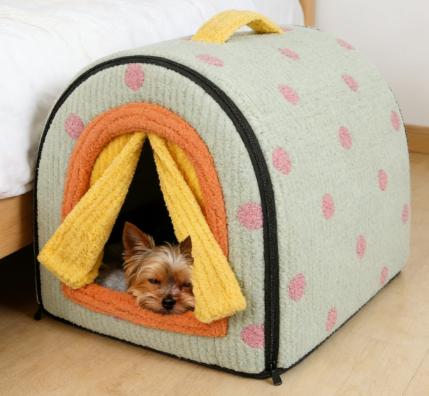 Two-in-One Enclosed Insulated Plush Pet Bed - Tent Pet Bed with Curtain