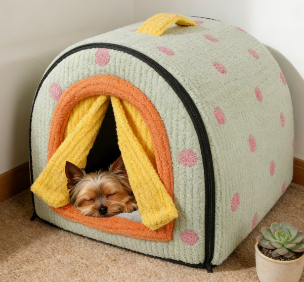 Two-in-One Enclosed Insulated Plush Pet Bed - Tent Pet Bed with Curtain - Image 2
