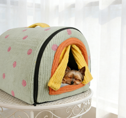 Two-in-One Enclosed Insulated Plush Pet Bed - Tent Pet Bed with Curtain - Image 3