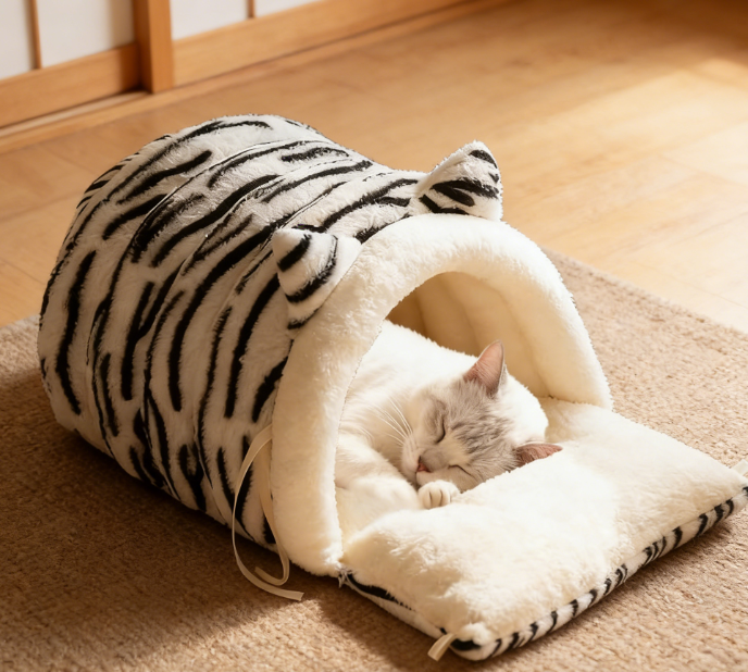 Washable Insulated Plush Pet Bed - Non-Slip Semi-Enclosed Pet Bed