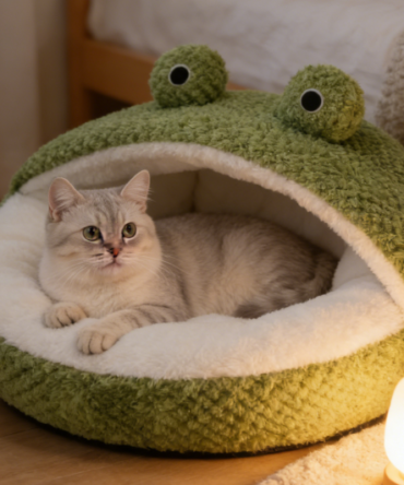 Frog Shaped Insulated Plush Pet Bed - Washable Pet Cave Bed